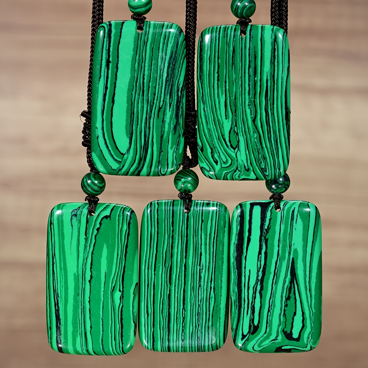 Malachite Square Pendant Long Necklace, Bohemian Style